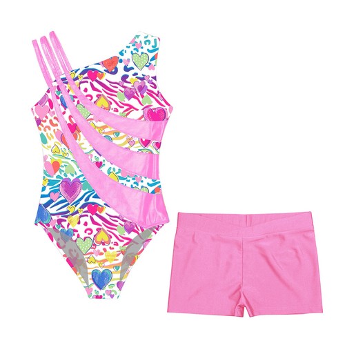 Kids Girls Dance Set Stylish Sports Suit Printed Leotard With Shorts Shiny - Picture 5 of 82