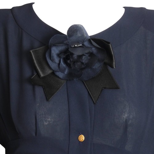 CHANEL BOUTIQUE- 1980s Navy Pleated Chiffon Dress, Size 12 - Picture 2 of 7
