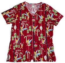 Disney Tinkerbell Christmas Scrub Top I  m There With Bells On Womens Small Red
