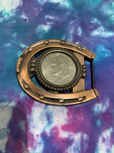 1972 dollar coin inside copper tone lucky horseshoe see through belt Buckle e7 - Picture 2 of 9