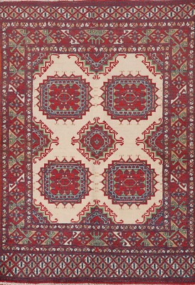 Geometric Ivory Super Kazak Accent Rug 3'x5' Wool Hand-knotted Oriental Carpet