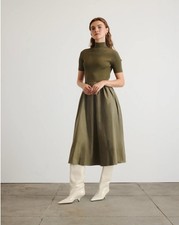 Tanya Taylor Teresa Knit Dress Olive Green Ribbed Poplin Midi Womens Size Small