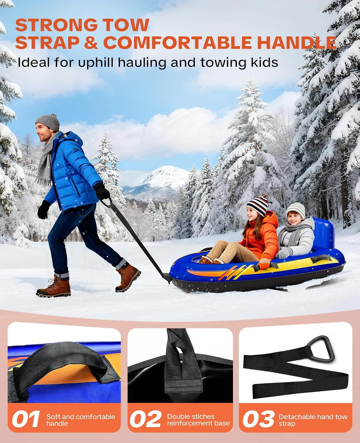 2 Person Inflatable Snow Sled with Premium Canvas Cover, Snow Tubes for Sledding