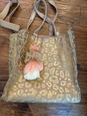 NWT America & Beyond Silver Leopard Print Jute Tote w/Tassels Vacation Resort