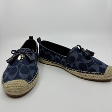 Coach Carson Espadrille Flats Blue Denim with Leather Trim and Jute Footbed 6.5