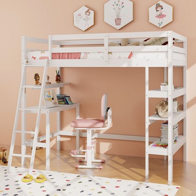 Topbuy Twin Size Solid Wood Loft Bed w/ Desk & Bookshelves Ladder & Guardrails