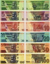 Zimbabwe set of 6 banknotes 2019-2020 UNC 2, 5, 10, 20, 50, 100 dollars