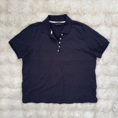 Laura Kent Navy/White Polka Dot Knit Cotton Collared Button Polo Top L/XL