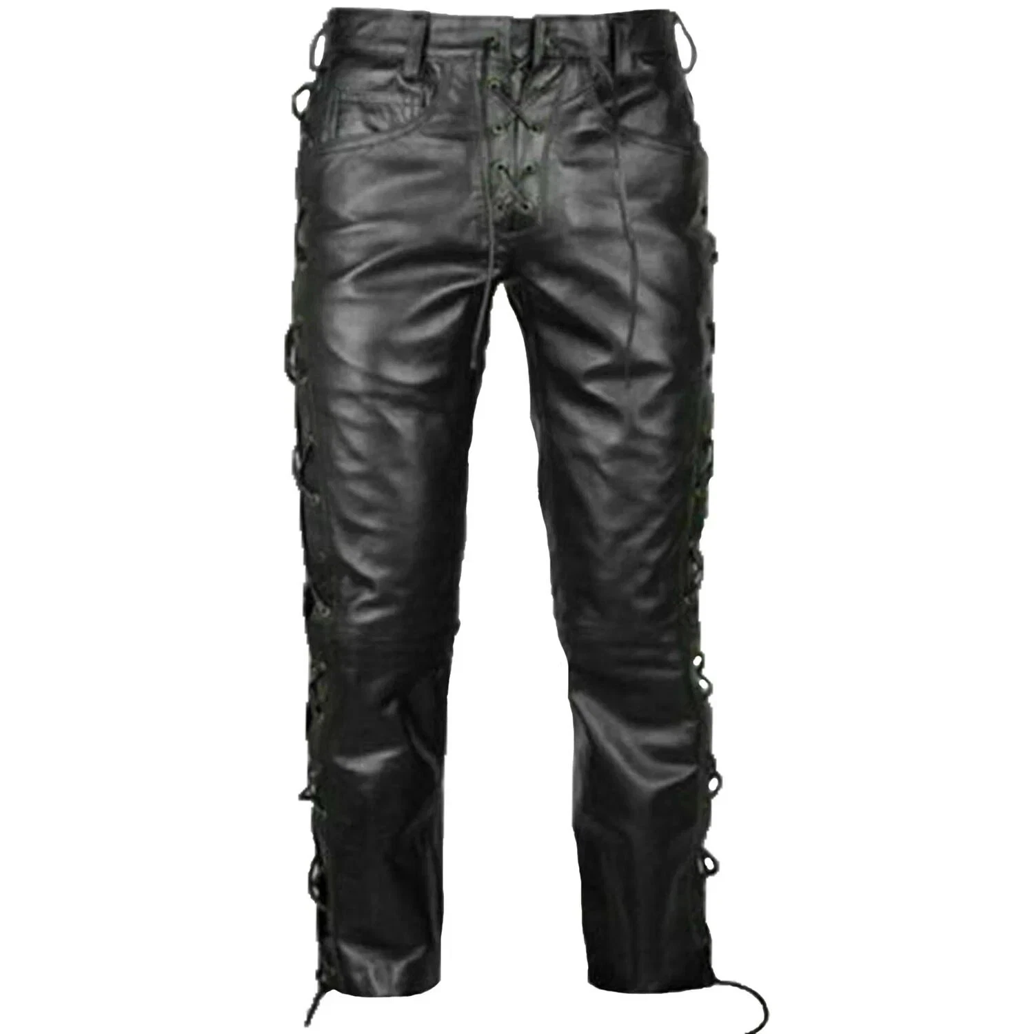Mens Genuine Black Leather Pants Leather Biker Laces Trouser Jeans Breeches BLUF