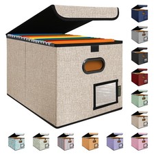 Beige Collapsible File Organizer Box with Lid for Hanging Letter Size Folders