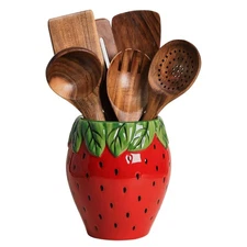 Strawberry Shaped Ceramic Kitchen Utensil Holder Large Cooking Utensil Crocks...