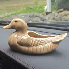 Vintage Ceramic Duck Planter Brown Glaze Yellow Bill Mid Century Pottery Figure