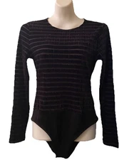 Desigual Velvet Burnout Bodysuit Large Striped Tulle Slim Stretch Back Keyhole