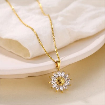 Women's Sunflower 18K Gold Plated Zircon Stainless Steel Pendant Necklace