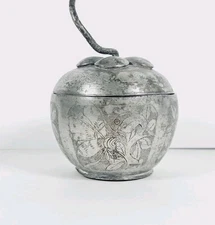 Vintage Asian Silver Trinket Dish Box with Lid – Floral Engraving – Apple Shape