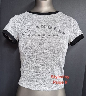  FOREVER 21 Los Angeles California Graphic Baby Ringer Tee Gray Black S