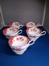 5 Vintage Paragon Rockingham Bone China Tea Cups Red Flower Bird