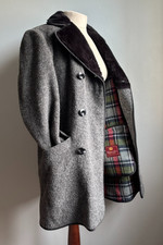 Vintage wool COAT donkey jacket 38 40 tartan trench fur collar grey dunn&co