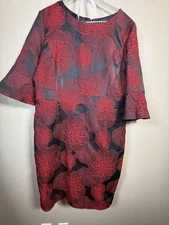 Preston & York Womens Sheath Black W Red Floral Embroidered Sz 14 Dress Elegant
