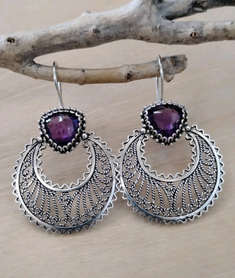 Osmanische Silber Türkei 925 afrikanischer Amethyst filigran Mond Ohrhänger DGS