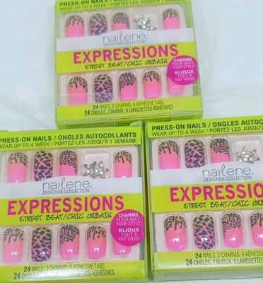 3 Nailene press on 3-24 knotty girls 72 nails total sealed, 6 charms pink black 
