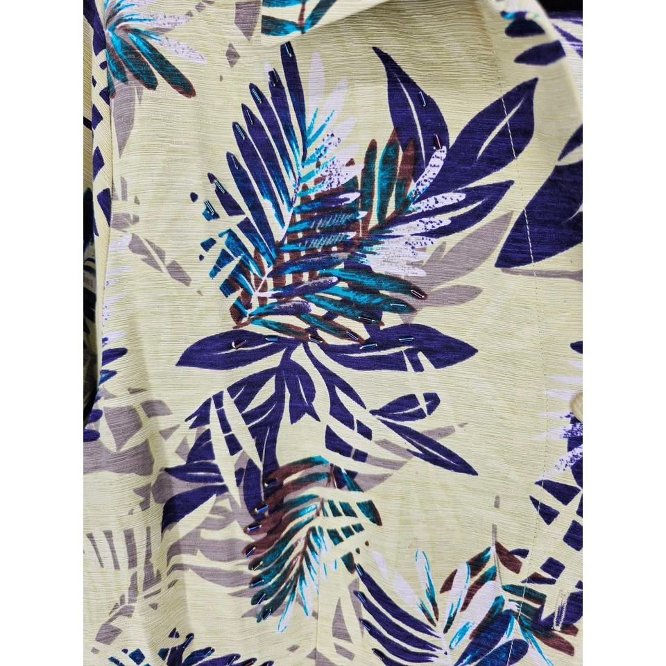 Blusa Sag Harbor Mujer Talla 12 100% Seda Abotonada Amarillo Azul Estampado Hoja de Palma Foto 2 de 4