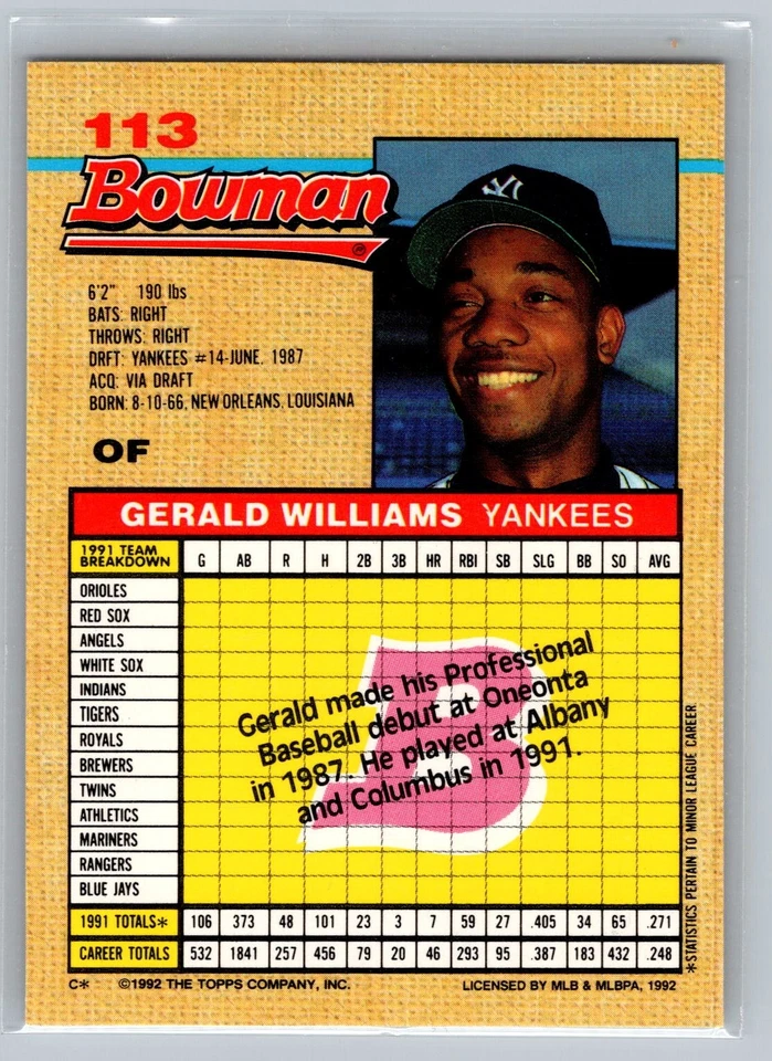 1992 Bowman #113 Gerald Williams New York Yankees - Image 2 of 2