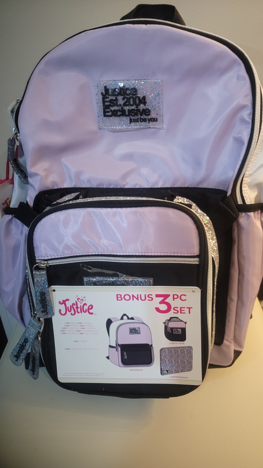 New with Tags Justice Backpack with Lunchbox & Laptop Pouch, Lavender