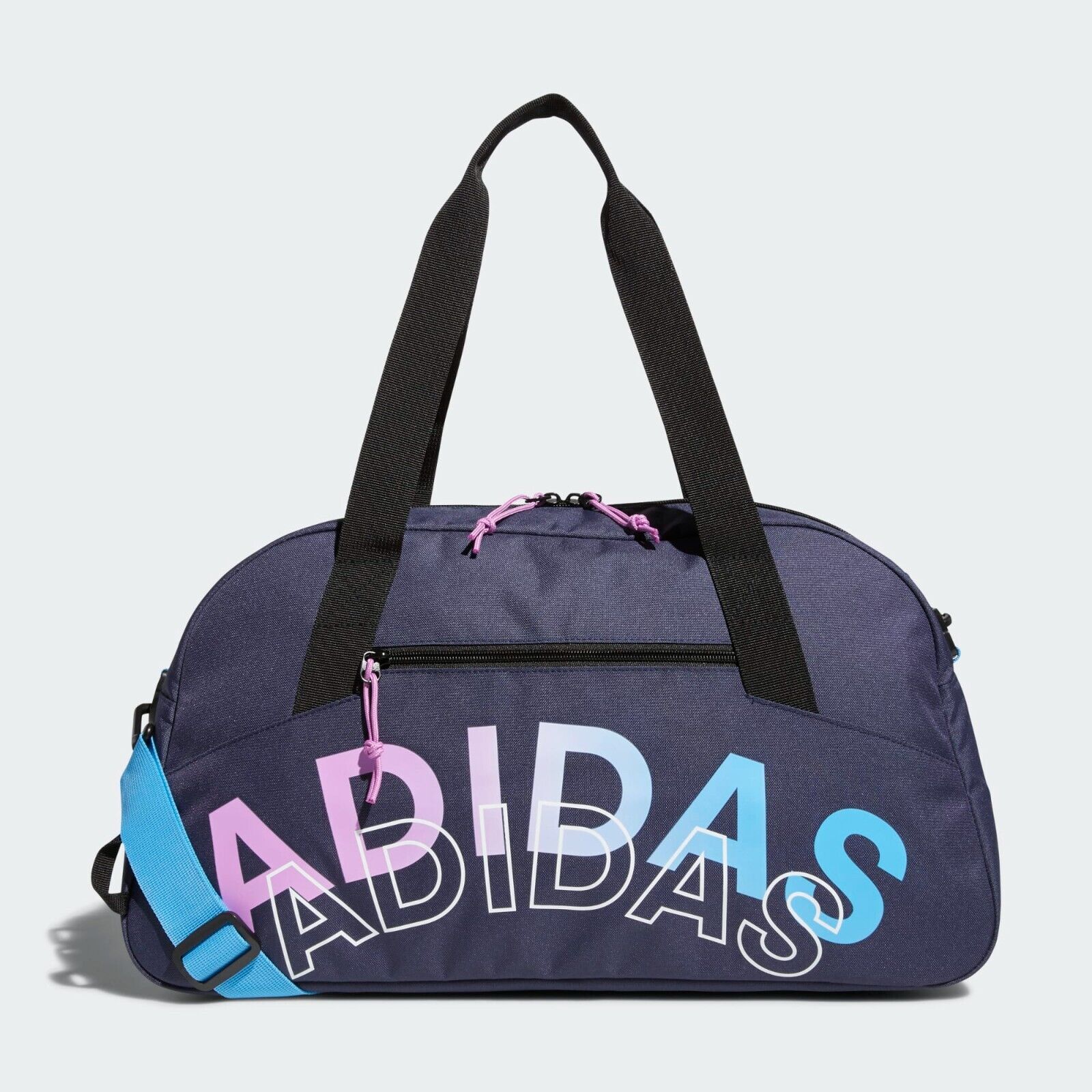 Adidas GRAPHIC UNISEX Duffel Black BLUE TOP FRONT ZIP GYM DUAL CARRY BAG  NEW NWT