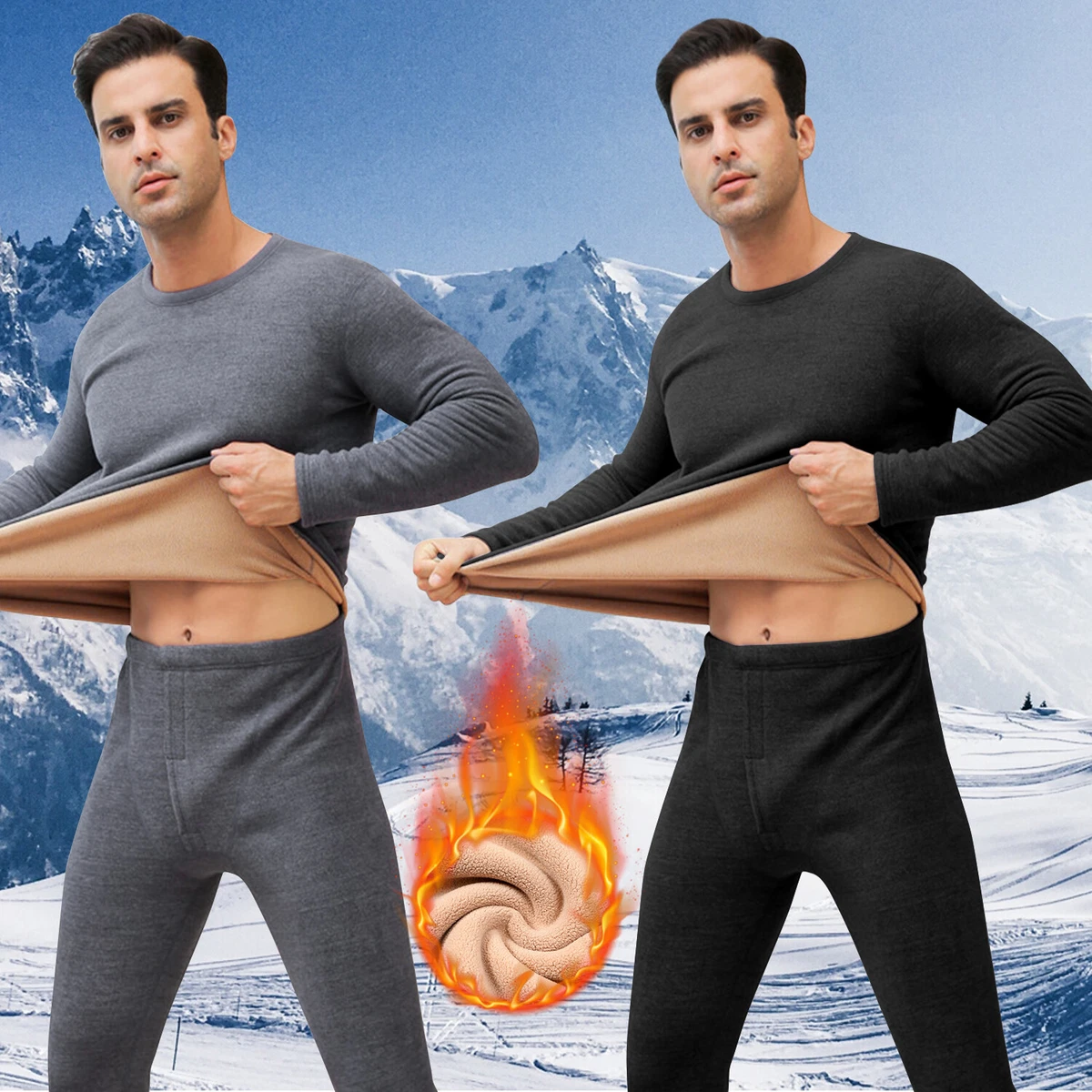 Mens Winter Warm Thermal Long Johns Underwear Set Fleece-Lined Top & Bottom  Suit