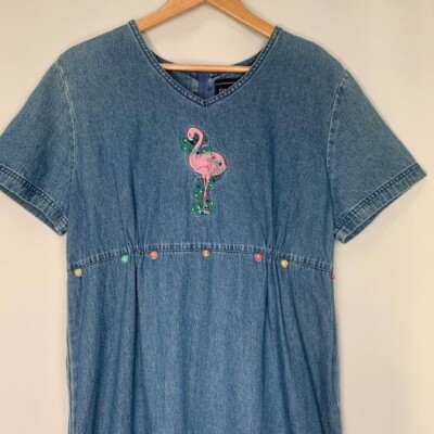 Blue J Dress Women Large Denim Christmas Holiday Flamingo Embroidered Party  Core | eBay
