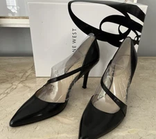 NINE WEST  Black Leather  Cross Strap Pumps High Heels  Size 6 M