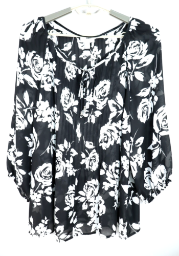 CHARTER CLUB Women's Sheer Polyester Blouse Floral Black White Size 2X Plus