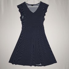 Ann Taylor Dress XS Blue White Polka-Dot Stretch V-Neck Ruffle Cap Sleeve Mini