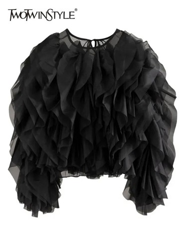 TWOTWINSTYLE Vintage Patchwork Ruffle Shirt For Women O Neck Lantern Long Sleeve