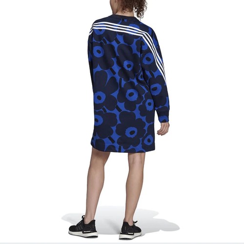 adidas X Marimekko Fleece Dress Designer Kleid Winterkleid Mohn Blumen Bold Blue - Picture 5 of 7