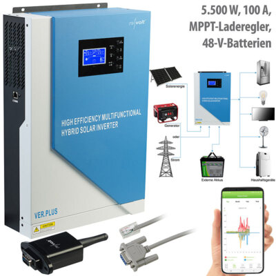 revolt Off-Grid-Solar-Inverter + WLAN-Modul, 5.500 W, 100 A, MPPT-Laderegler