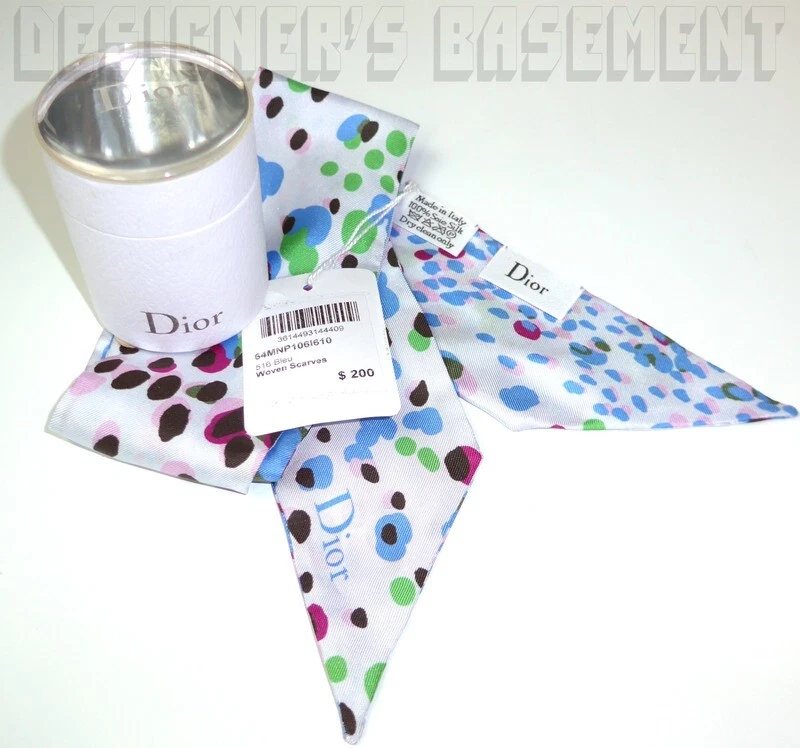 Foulard DIOR bleu pâle léopard MITZAH skinny 2 faces en soie neuf avec étiquette en BOITE authentique