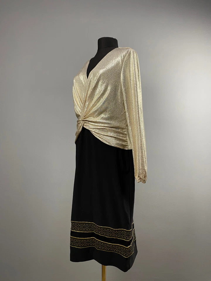 Maxi Vestido Lauren Ralph Lauren Etiqueta Negra Dorado Acanalado Noche Elegante Noche Talla 12 Foto 4 de 4