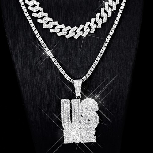 Exquisito Collar Mujer Forma Letra Colgante Hip Hop Multicapa Cadena Cubana - Imagen 2 de 12