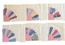 Vintage 1930s 1940s Grandmothers Fan Quilt Blocks 14 Cotton Print Hand Stitched