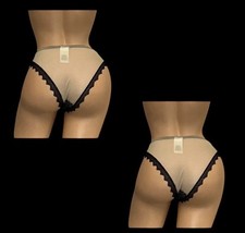 Lot of 2 Beige Silky Sheer Black Lace Trim Bikini Panties Woman  s S NOS