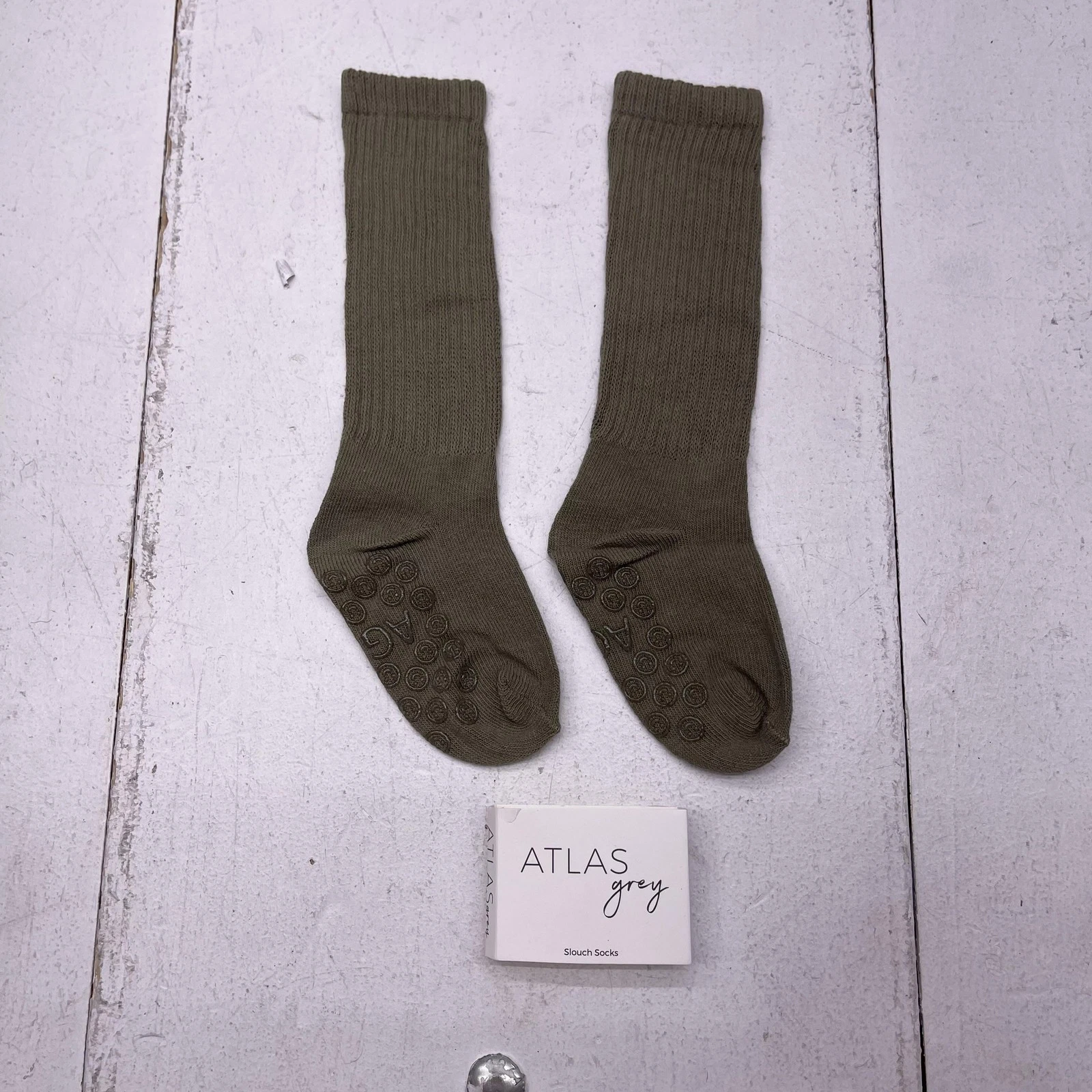 Atlas Grey Slouch Socks Toddler 12-24 Months Olive Organic Cotton Non Slip Grip