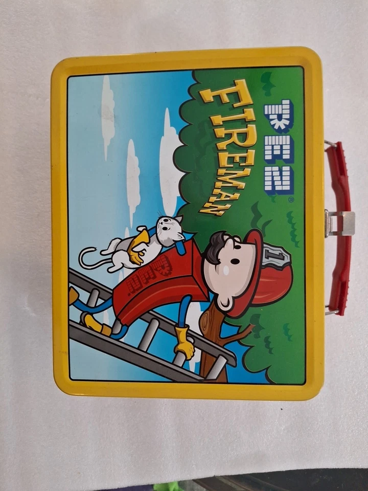 Metal Pez Firemans lunchbox and thermos set. - Image 1 of 4