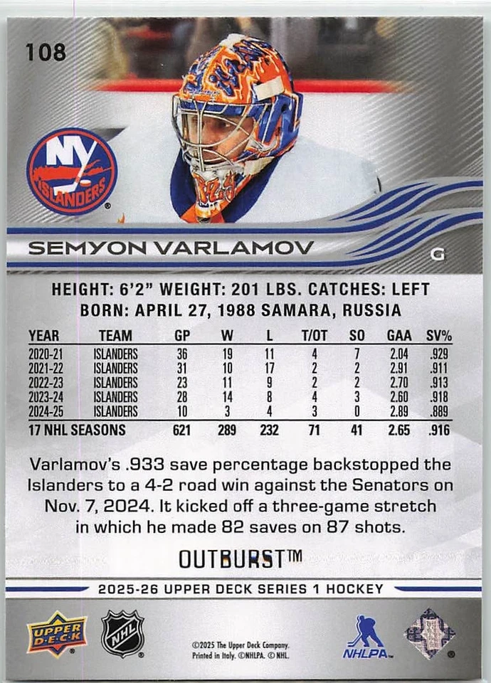 2025-26 Upper Deck Series 1  OUTBURST  Semyon Varlamov  #108  SP - Image 2 of 2