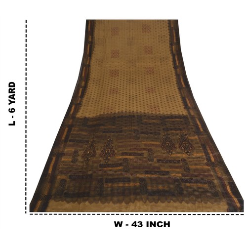 Sanskriti Vintage Sarees Brown Pure Crepe Silk Printed & Woven Sari 6Yd Fabric - Picture 5 of 12