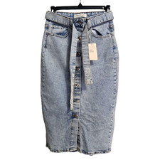 Vintage High Waist Denim Midi Skirt Button Front with Belt Light Wash Size 4