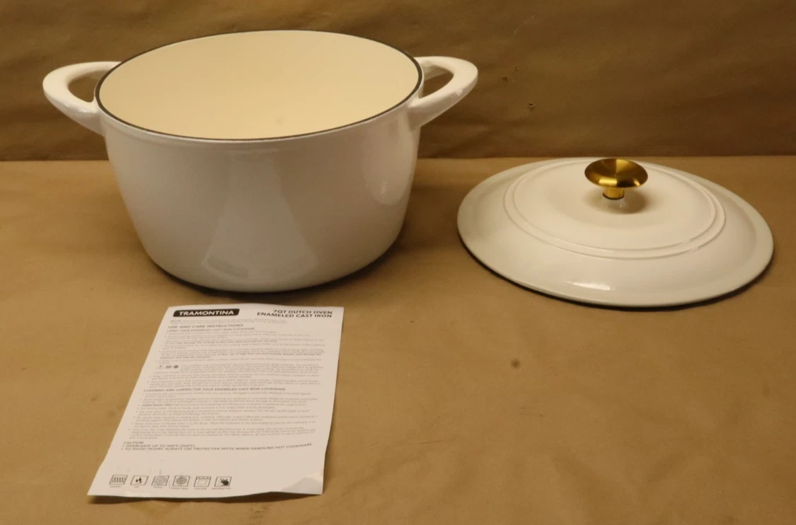 Tramontina 7-Quart Enameled Cast Iron Dutch Oven with Gold Handle, Café au Lait