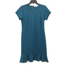 The Vanity Room Short Sleeve Back Zip Shift Dress Peplum Hem Teal Medium casual