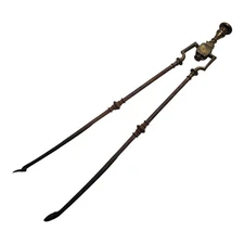 Antique Victorian French Gothic 29" Fireplace Tongs Black Cast Iron & Brass